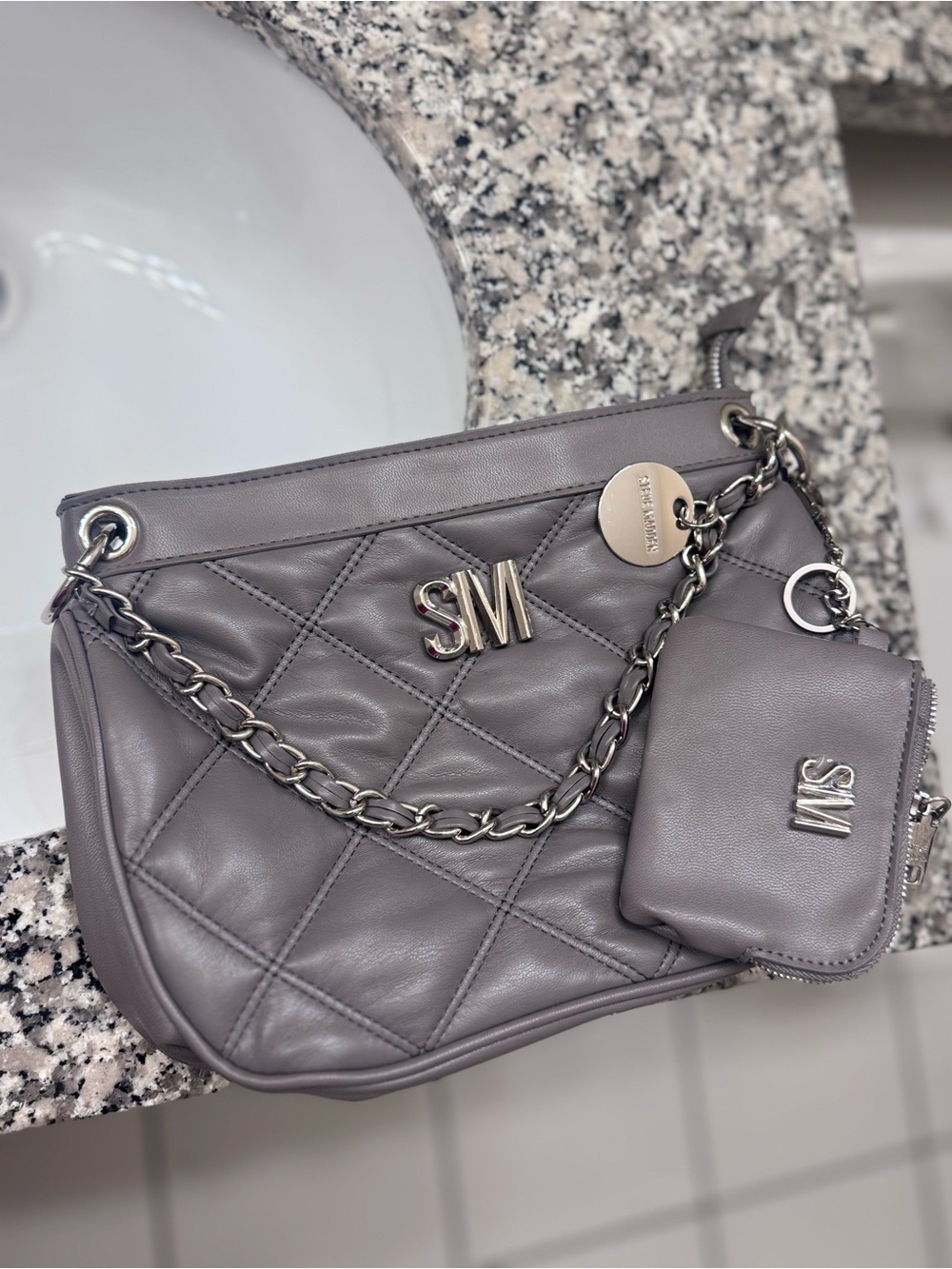Steve Madden Quilted Shoulder Bag in Gray with Chain Strap
